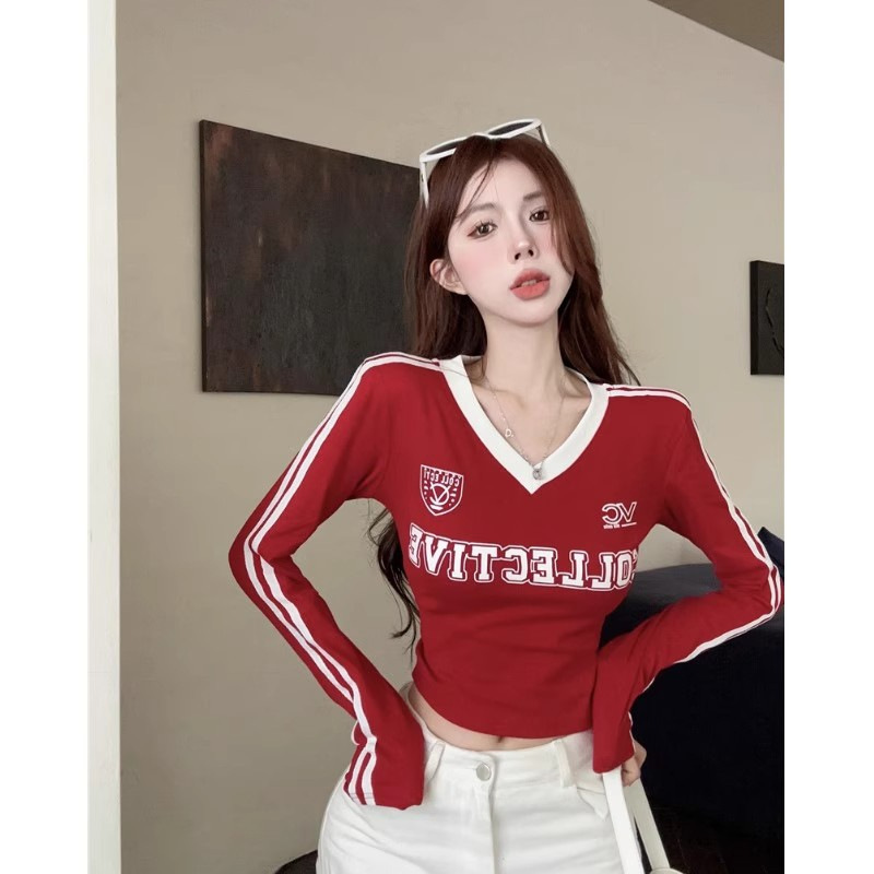 미국 스포츠 줄무늬 긴팔 티셔츠 여성 초가을 스파이스 걸스 V 넥 쇼트 빈티지 탑 슬림베이스 셔츠