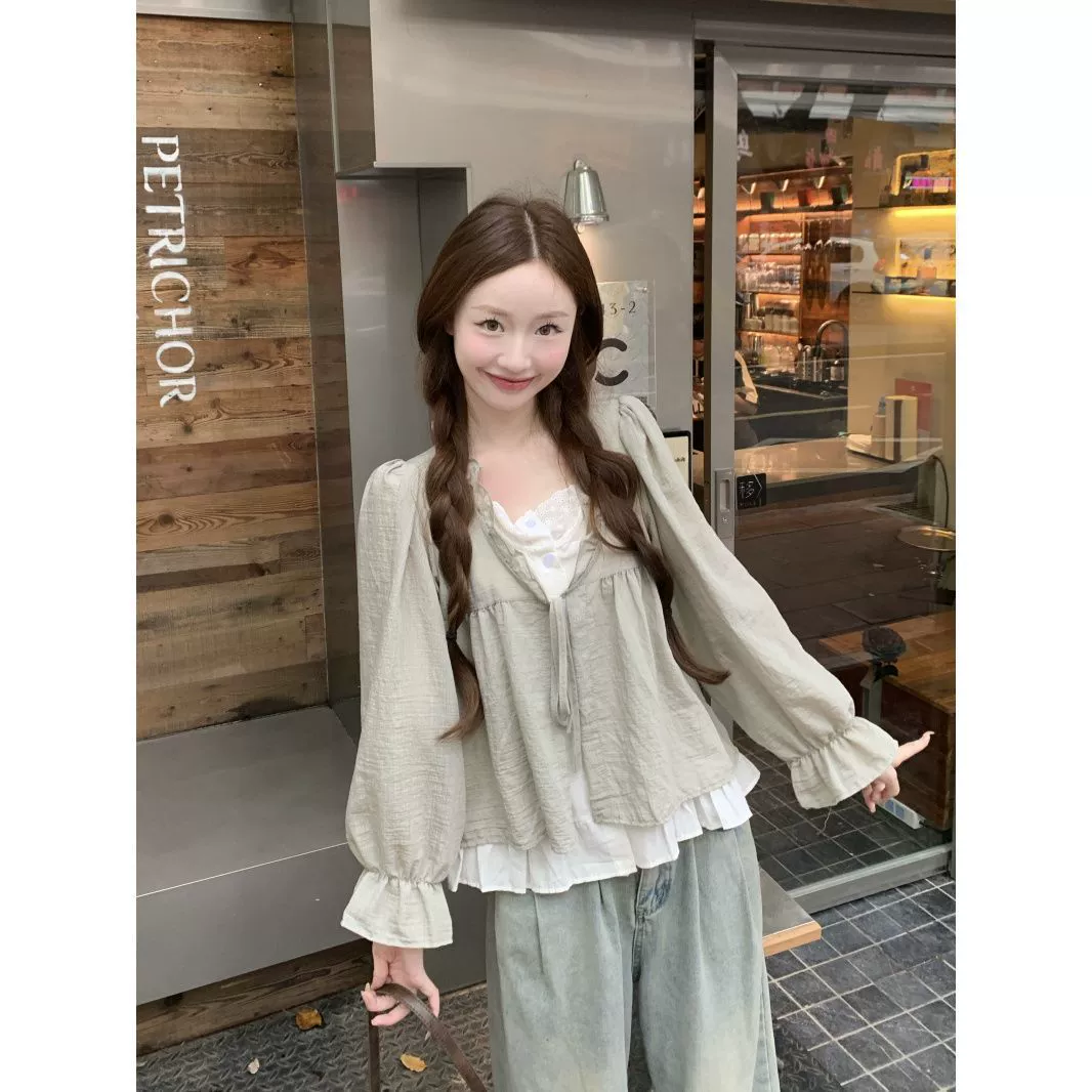 Женская рубашка в юго-восточном азиатском стиле, состоящая из двух частей, с завязками, длинными рукавами, новая модель 2025 года, элегантная и свободного кроя, стройнящая, трансграничный стиль, классическая и зрелая.