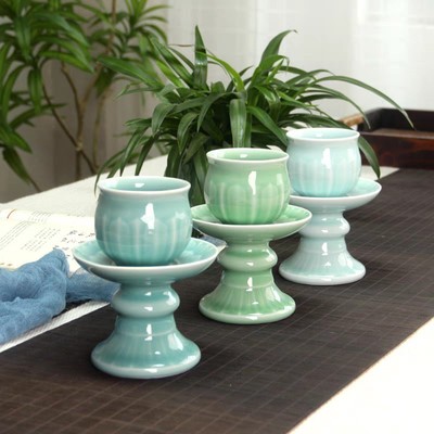 小利青瓷莲花供杯寺院佛堂圣水杯净水杯底座供奉家用陶瓷贡杯2024