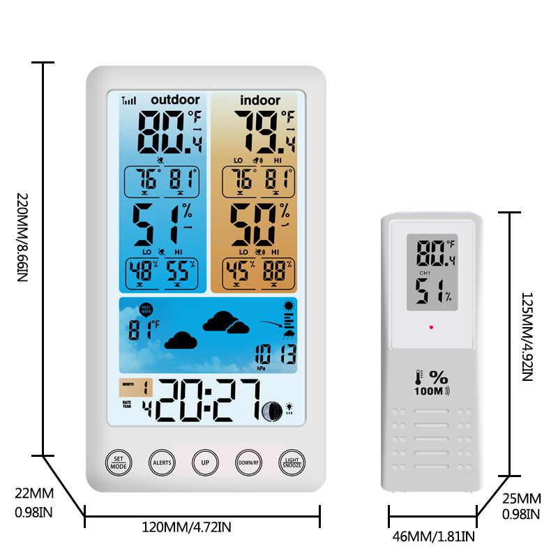 (2개) 컬러 스크린 일기 예보 시계 다기능 전자 알람 시계 현대 바람 RF 무선 날씨 시계 영구 달력 라디오 시계