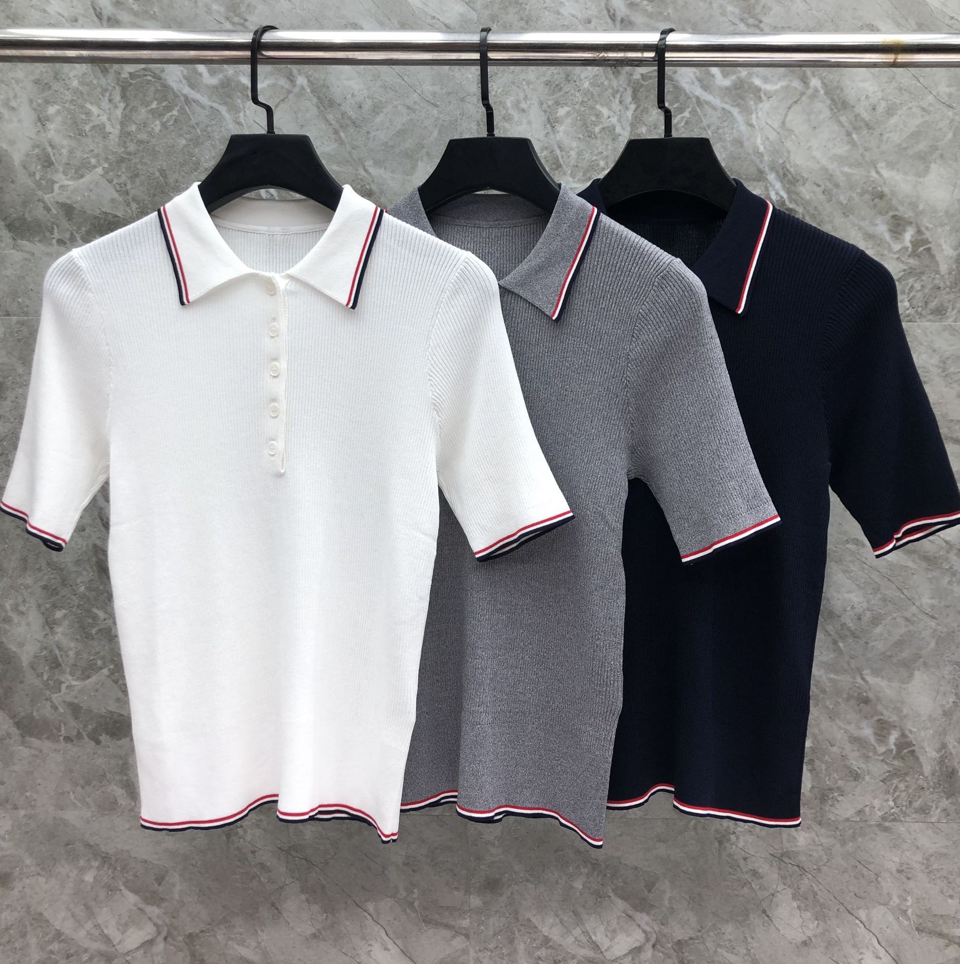 TB Summer New Women's Ribbed Striped Knit Polo Shirt - Slimming, Youthful, Preppy Style, Color Block Stripes