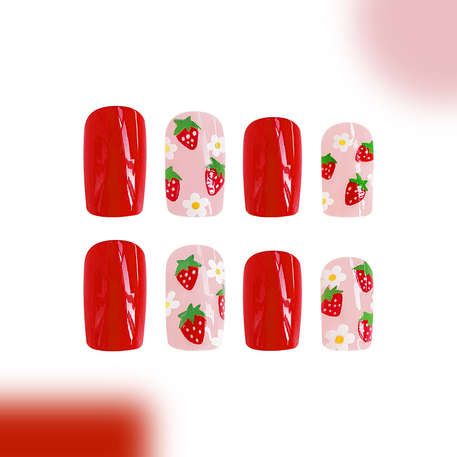 False Nails Strawberry White Flower Design Detachable Manicure_voghion.com
