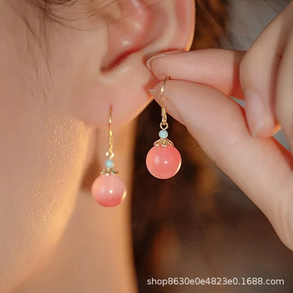 New Chinese-Style Handmade Round Bead Earrings, Peach Blossom Strawberry Crystal Tassel Ear Hooks, Elegant Antique-Style Earrings