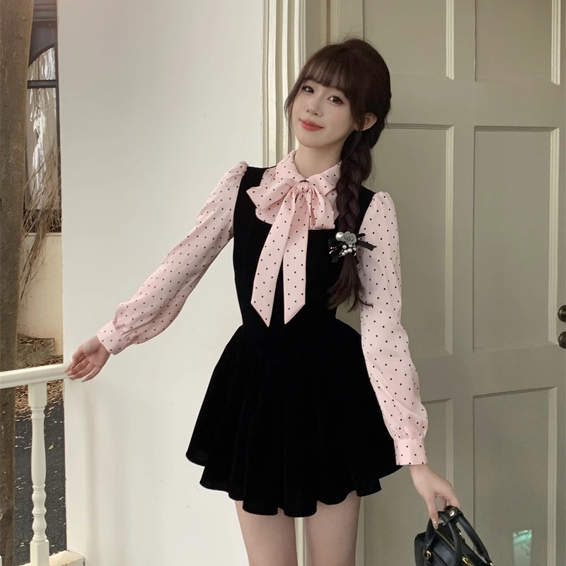 韓国風小魚ベルベットブラックフレンチドレスリッチガールハイエンド秋水玉フェイクツーピーススカート|undefined
