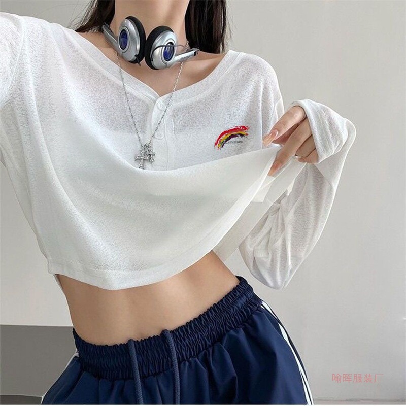 T-Shirt White Summer Thin Short Style Women's Loose Top Slightly See-Through Cover-Up Sun Protection Long-Sleeve Jazz Dance Top White