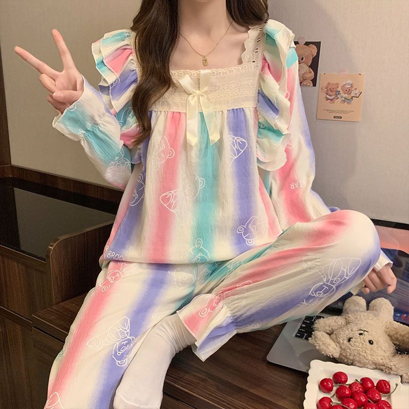 Al por mayor transfronterizo de otoño de mangas largas de encaje cuello cuadrado pijama de mujer dulce cómodo simple cubierta de ropa de algodón para el hogar