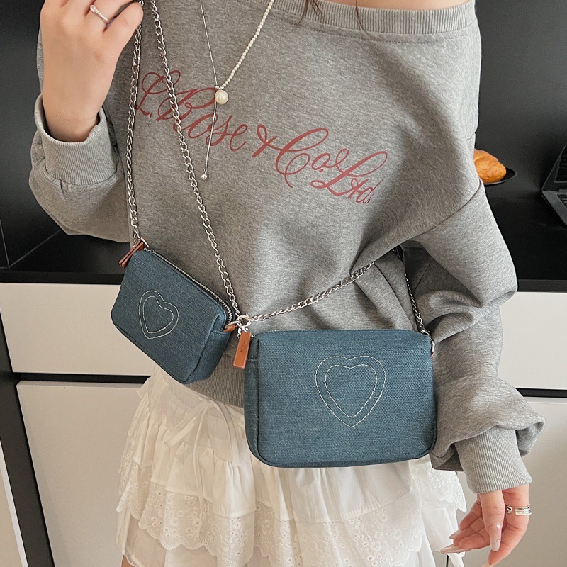 Bolso de cadena de moda coreana 2025 verano nuevo bolso femenino amor bordado bolso de hombro mini bolso de mensajero de mezclilla marea