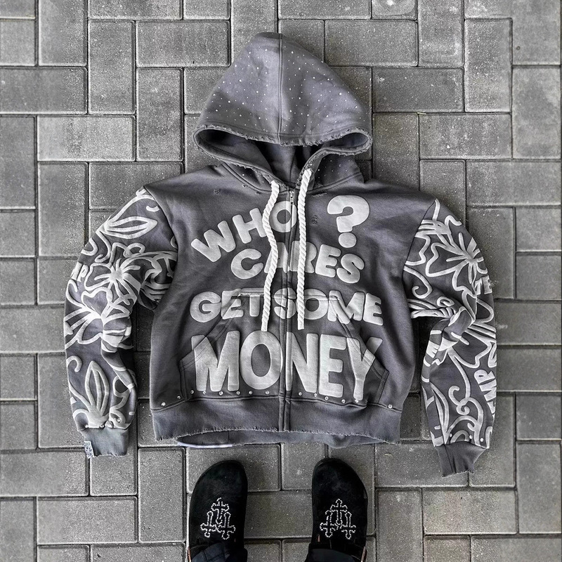 2025 New European and American Autumn and Winter Personalized Daily Letter Print Zipper Trendyy Hooded Men and Women Loose Y2K