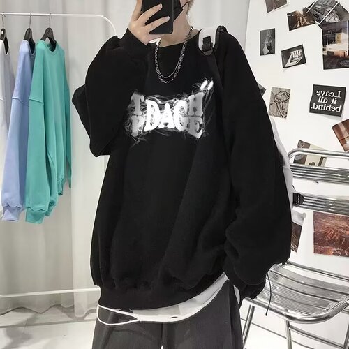 Smoke Brand Letter Hoodie for Men - Autumn Thin Crew Neck T-shirt with Loose Trendy Plus Size Casual Versatile Outerwear