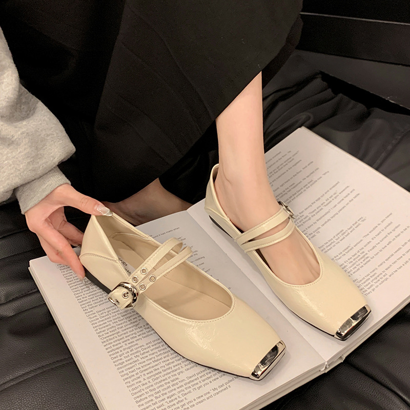 French Style Metal Square Toe Shallow Mouth Single For Women 2025 Spring New Retro One-Strap Mary Jane Soft Sole Small_vogvips.com