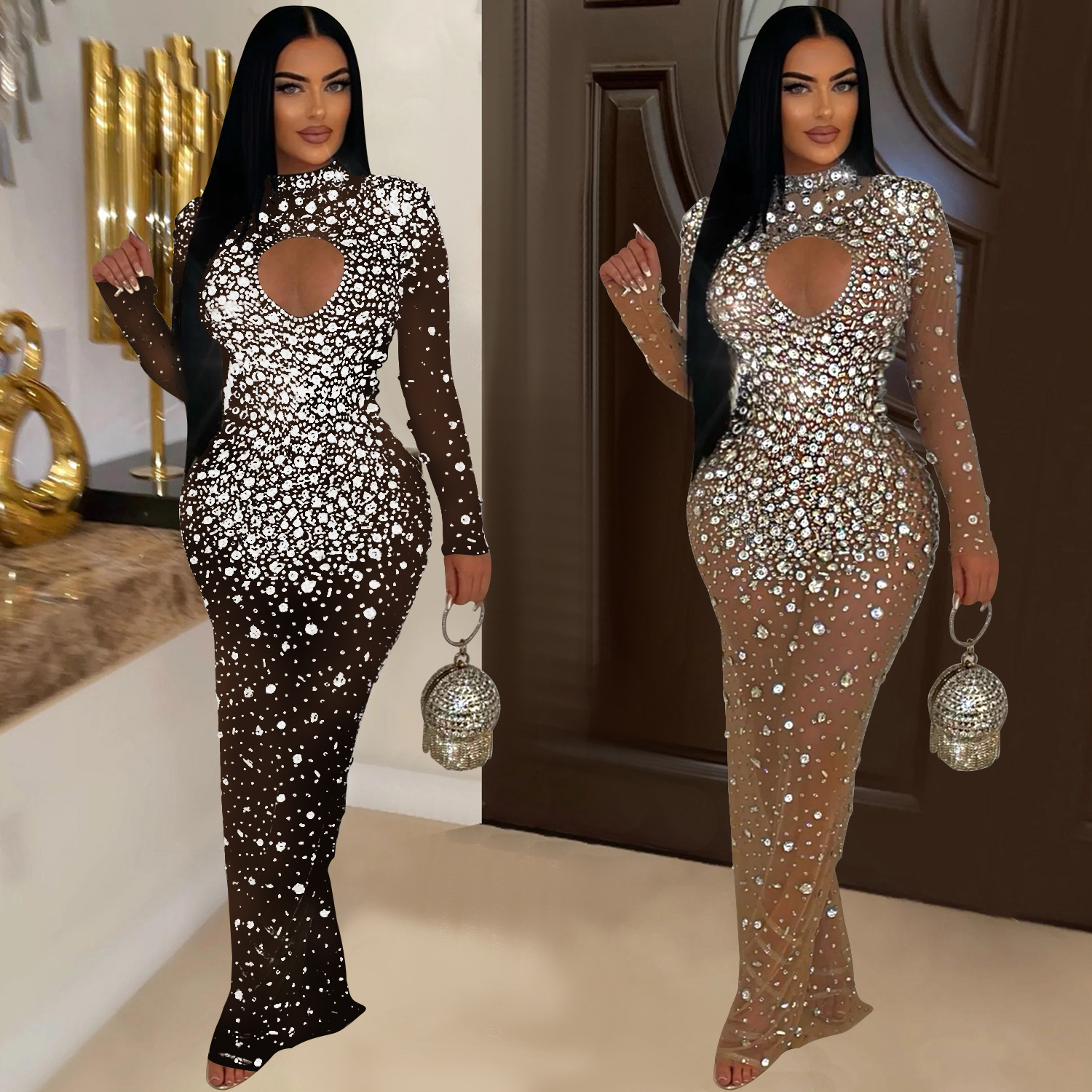 C6993 AliExpress transfronterizo Amazon estación independiente de moda europea y americana ropa de mujer de cuello redondo vestido de diamante caliente vestido largo nuevo image 1