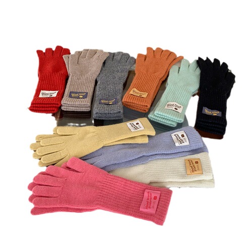 Long wool gloves for women, knitted with letters and car logos, warm, college style, five-finger, suitable for cycling men