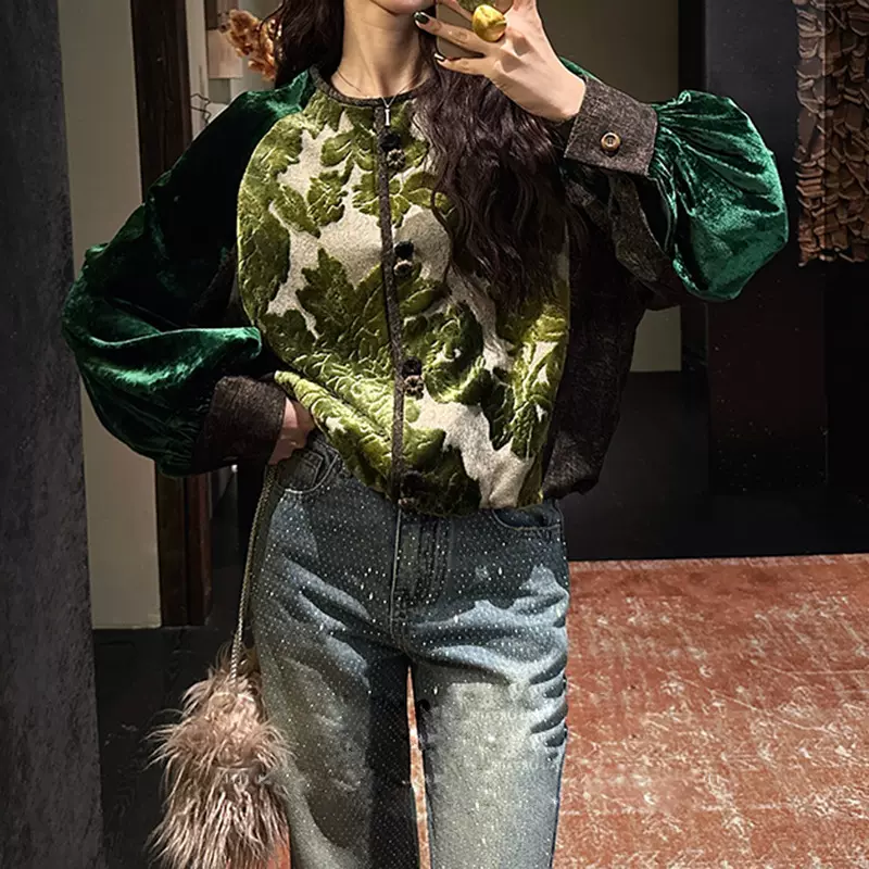【雁南飞】手绘织金割绒丝绒卫衣2025冬季新款时髦拼色卫衣女