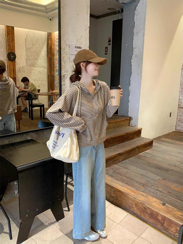 美式慵懒chic连帽卫衣外套女2025年新款早秋韩系穿搭春秋条纹上衣|undefined