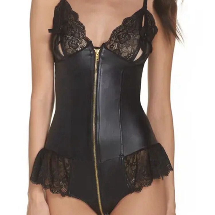 British ann Coated Leather Bodies Sexy Lace Zipper Open Underwear Stretch Temptation Tight Women