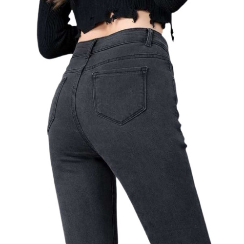 Slimming student jeans for women, high-waisted, long cigarette gray, black, small leg, elastic, Korean-style tight pencil pants