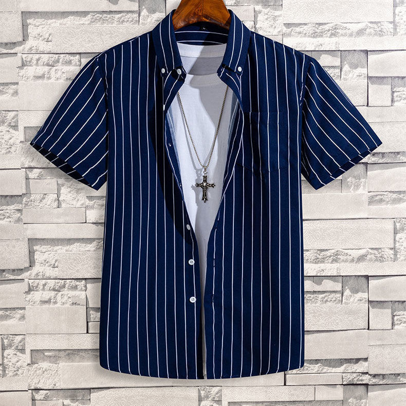 Summer short-sleeved striped shirt with pockets, casual and versatile, trendy for young adults and students Summer short-sleeved striped shirt with pockets, casual and versatile, trendy for young adults and students