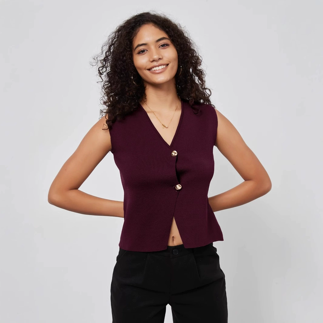 Amazon трансграничная женская одежда оптом в европейском и американском стиле тонкий V-образный вырез с двумя пряжками трикотажный жилет блузка