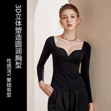 腈纶德绒保暖内衣无痕打底衣低领V领女性感带胸垫一体长袖打底衫