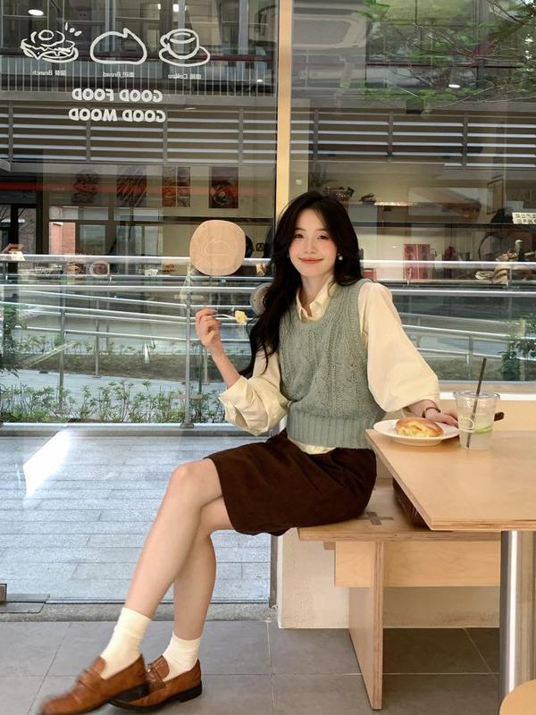 韩系学院风套装女气质Polo领衬衫上衣春秋叠穿针织马甲背心两件套|undefined