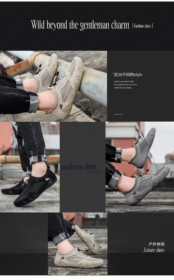 Giày lười nam da thật phối lưới thoáng khí, đế cao su, form cỡ lớn — G8066 màu kaki, G8066 màu xám, G8066 màu đen, Z8066 màu kaki chi tiết 2