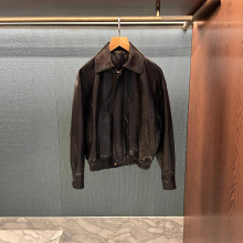 “时髦录客”油蜡感植鞣小翻领复古工装真皮夹克黑色皮衣外套女