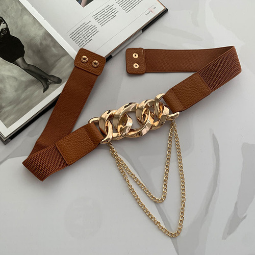 Elastic elastic belt, trendy metal chain decorative girdle with coat and dress, retro outer belt