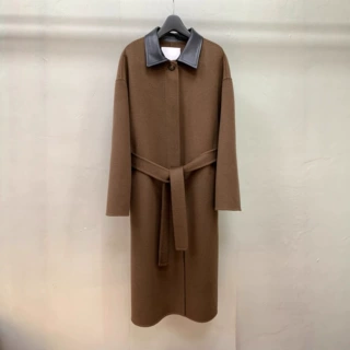 摩卡棕皮U娃娃领拼接长款简约百搭单排扣系带双面羊毛呢外套大衣