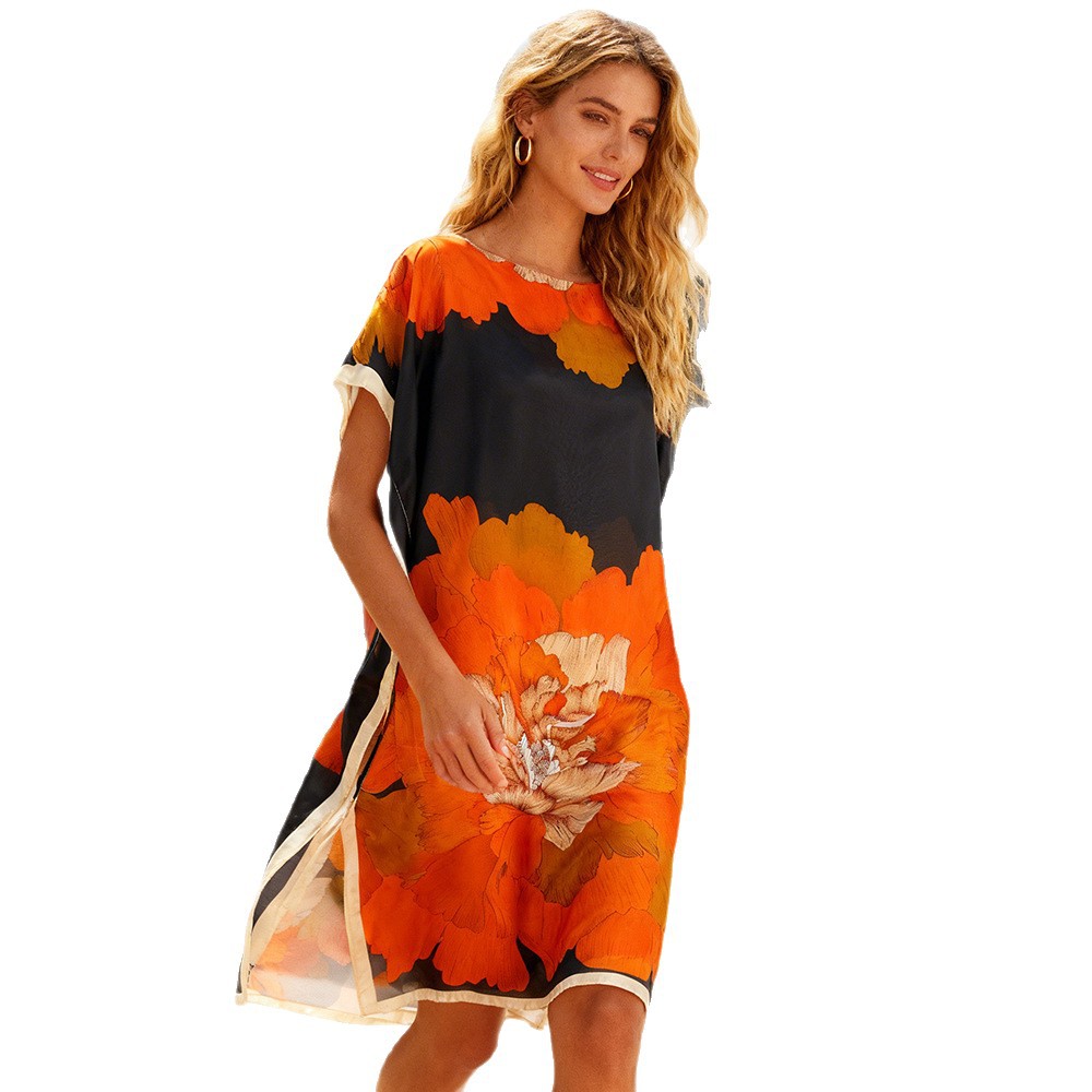 Vestido de impresión suelto vestido de cuello redondo ropa de mujer transfronteriza playa camisa de vacaciones bikini challe protector solar