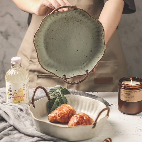 Jingdezhen coarse pottery hemp rope portable fruit plate Japanese bowl plate retro household high temperature ceramic dessert plate creative tableware
