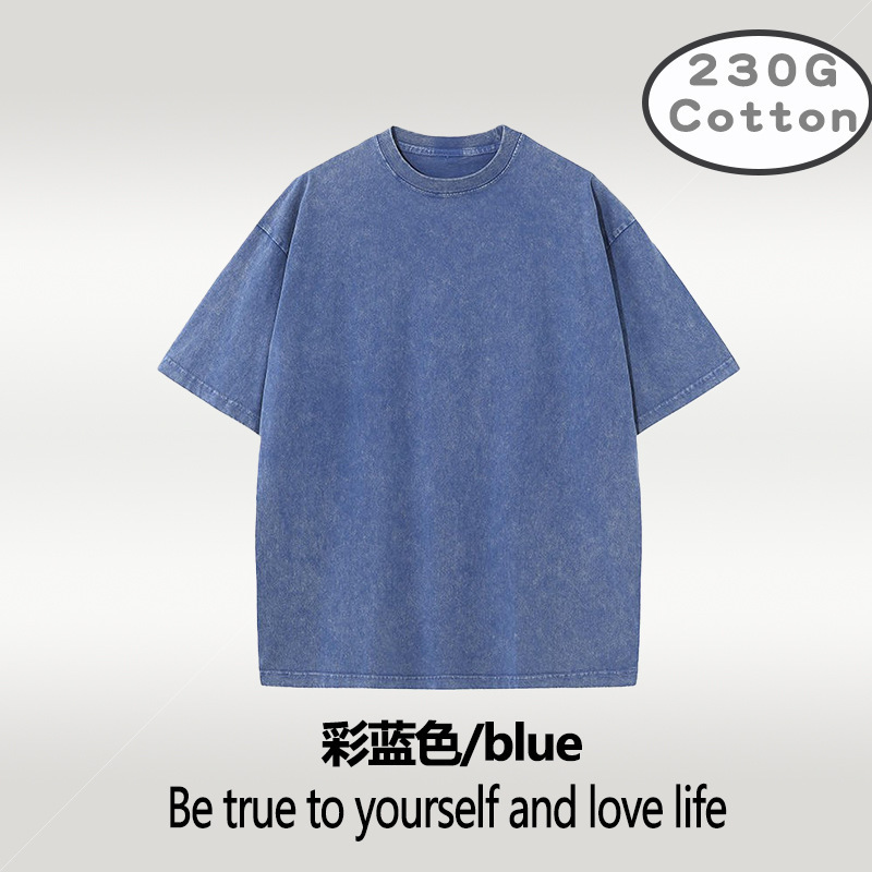 Camiseta retro de manga corta lavada holgada de algodón puro Camiseta transfronteriza de talla grande 230g versión estadounidense de talla europea de los hombres con hombros caídos