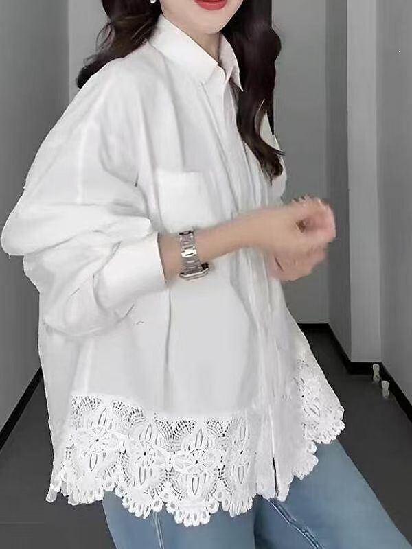 Plus-size women's white lace long-sleeve shirt top, new spring and autumn style, slimming and stylish, conceals body imperfections Plus-size women's white lace long-sleeve shirt top, new spring and autumn style, slimming and stylish, conceals body imperfections