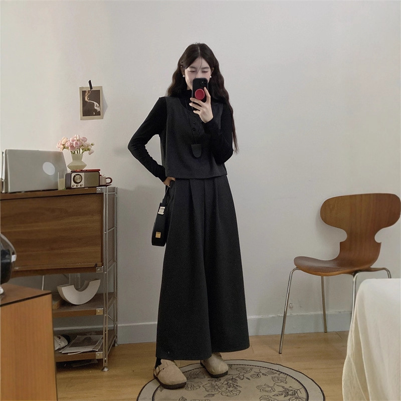 大码气质毛呢马甲长袖阔腿裤套装女2025秋冬洋气复古显瘦三件套|undefined