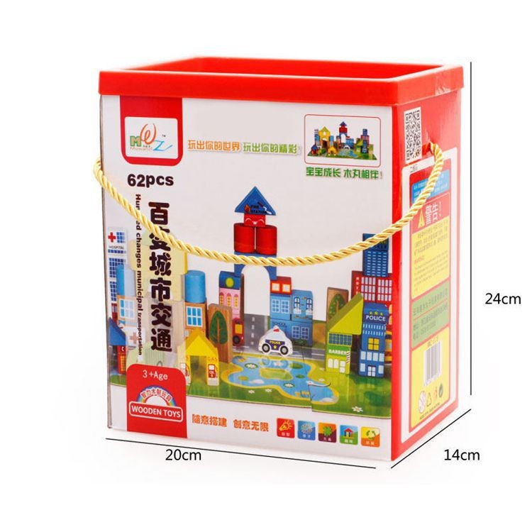 Bloques de construcción de madera para niños 62 piezas de aprendizaje tema creativo bloques de construcción de calidad montaje de partículas grandes juguetes educativos de educación temprana