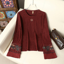 秋冬款妈妈装新款刺绣T恤民族风复古绣花长袖圆领套头打底衫内搭