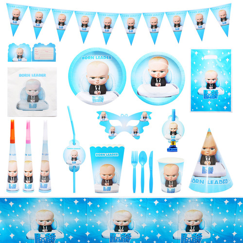 Cross-border BABY set little boss birthday tableware party supplies flag tablecloth children's scene decoration