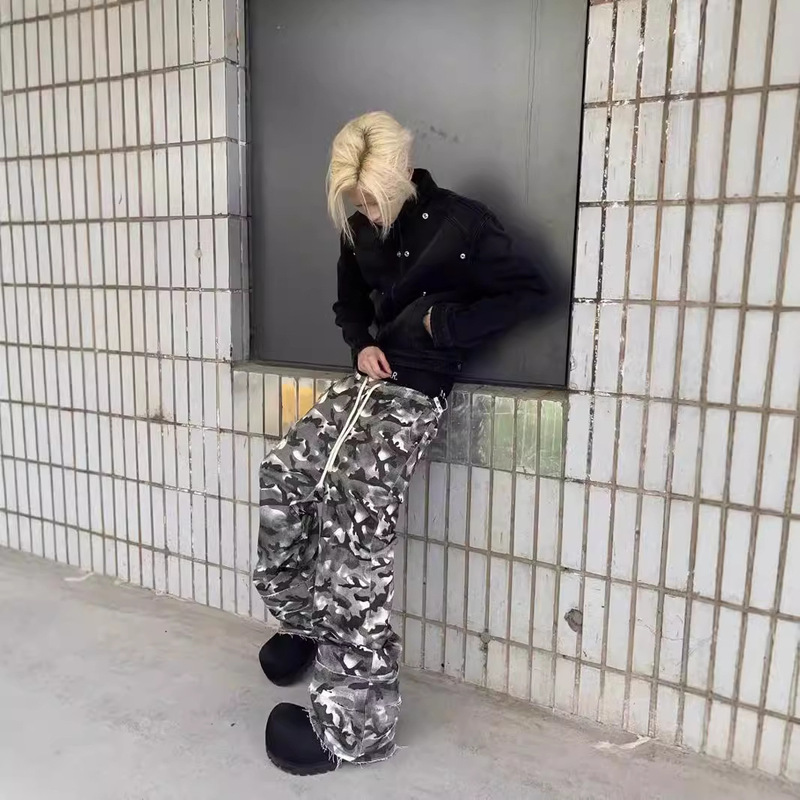 American Camouflage Dirty Dye Double Waist Hand Destruction Trouser Legs Casual Straight Stacked Canvas Camouflage Wide Leg Long Pants