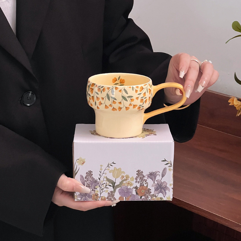 Taza de cerámica de flores taza de desayuno de avena tazón de calentamiento de leche flor brocade taza de café plato tazón