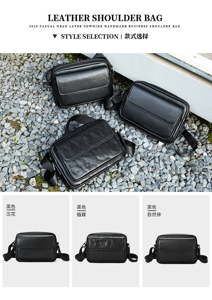 Túi đeo chéo nam da bò thật vân sần phối khóa kéo, kiểu dáng đứng ôm vừa iPad 10 inch — Mùa thu tự nhiên màu đen (kéo đơn), Da thuộc thực vật màu đen (kéo đơn) chi tiết 9