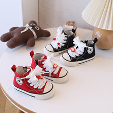 儿童帆布鞋蕾丝高帮女童鞋子女小童户外休闲鞋布鞋防滑宝宝鞋