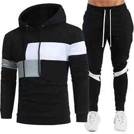 外贸新款秋冬男士时尚拼色卫衣套装欧美男士拼接色连帽衫跨境热销