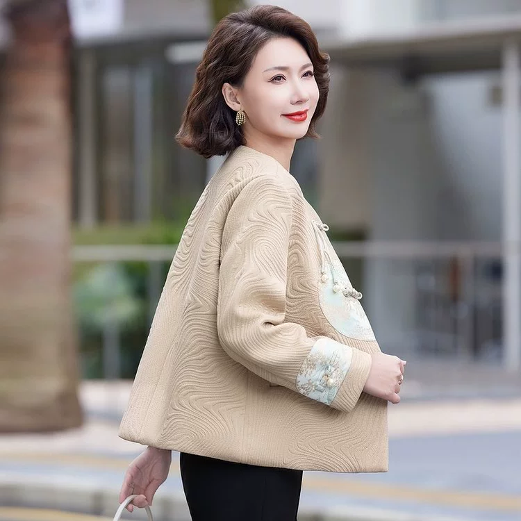 Пуховой женский жакет-свитер Mother Jacket Cardigan в китайском стиле, круглый воротник, оранжево-красный или абрикосовый, размеры XL-5XL