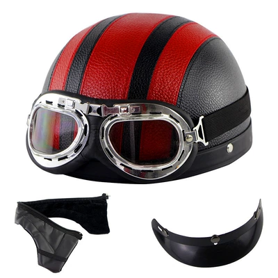 Factory direct motorcycle electric car Harley half helmet helmet leather helmet men's and women's summer helmet riding personalized safety head protection (Motosiklet kaskı (dəbilqə)) - black-and-red-leather-helmet-harley-goggles-detachable-scarf