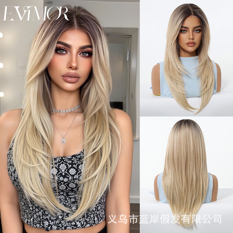 New Mono Imported Silk Full Wig with Free Seams, Realistic Gradient Gold Long Straight Hair Wig for Women Full Headgear