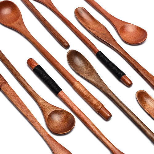 Japanese and Korean style tied cooking small wooden spoon 23cm long handle mixing spoon creative honey spoon wholesale nanmu coffee spoon