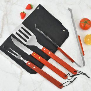 Bag Apron Baking Tool Four-piece Set Red Long Wooden Handle Barbecue Knife and Fork Barbecue Clip Food Clip suit