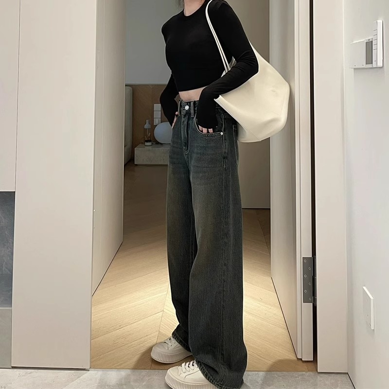 (2개) 빈티지 좁은 넓은 다리 바지 여성 플러스 사이즈 통통녀 가을과 겨울 유럽과 미국의 높은 허리 슬리밍 시멘트 그레이 스트레이트 청바지 여름