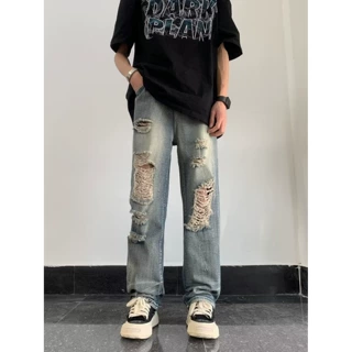 厂家直销美式复古破洞牛仔裤男新款高街风百搭设计感流行长裤子潮
