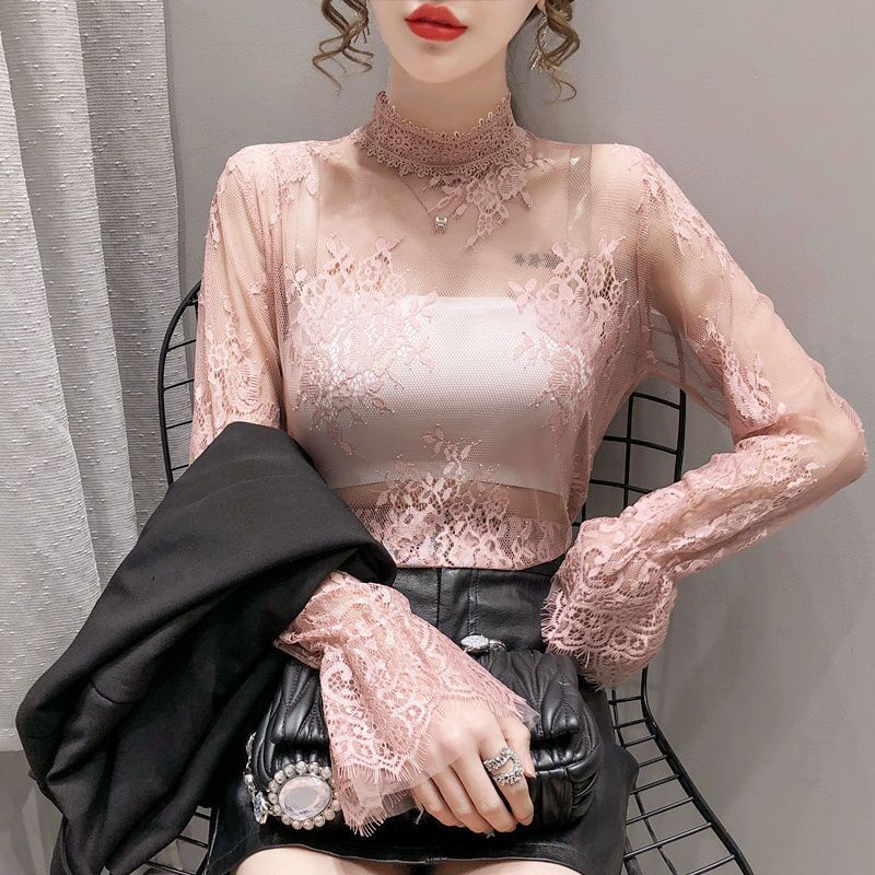 New Eyelash Lace Base Shirt Women's Fairy Mesh Gauze Fashionable Hollow Inner Stylish Small Shirt Top for Women