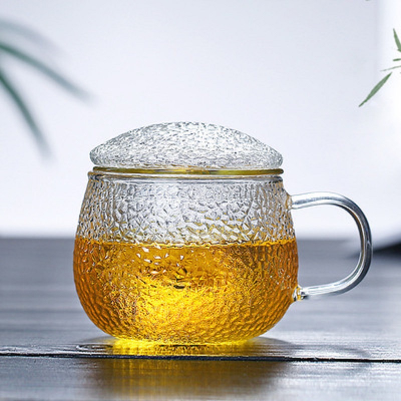 Taza de té de vidrio martillado Juego de tres piezas hecho a mano japonés con mango taza de té filtro transparente traje de taza de agua resistente al calor